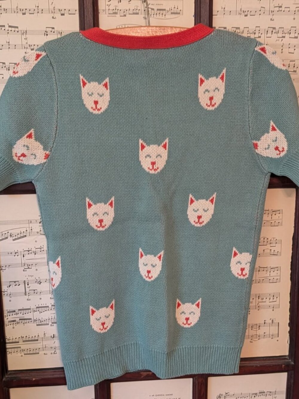 Modcloth Teal Cat-Print Short Sleeve Cardigan with Coral Trim - Picture 3 of 4